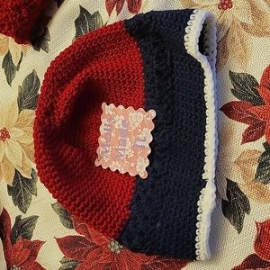Handmade cranberry red and blue crochet hat beanie hand-made